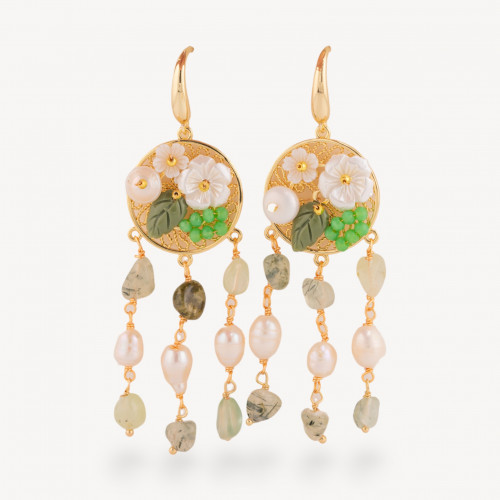 Boucles d'oreilles puces en bronze avec pierres semi-précieuses et perles plaquées or