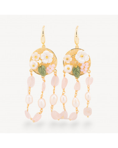 Orecchini Perno Di Bronzo Con Pietre Dure E Perle Ammagliate Dorato Quarzo Rosa-KRISTALLBRONZE | Worldofjewel.com