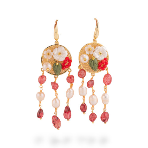 Bronze Stud Earrings with Semi-Precious Stones and Red Gold-Plated Pearls