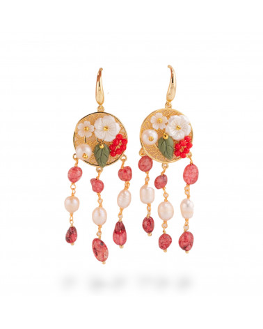 Orecchini Perno Di Bronzo Con Pietre Dure E Perle Ammagliate Dorato Rosso-KRISTALLBRONZE | Worldofjewel.com