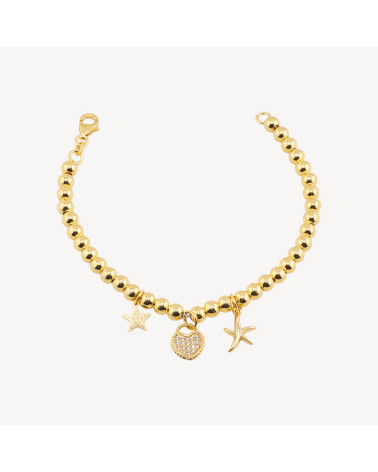 Bracciali In Argento 925 Con Sfere 5mm E Pendenti Stelle E Cuore 19cm Dorato-BRACCIALI DI ARGENTO 925 | Worldofjewel.com