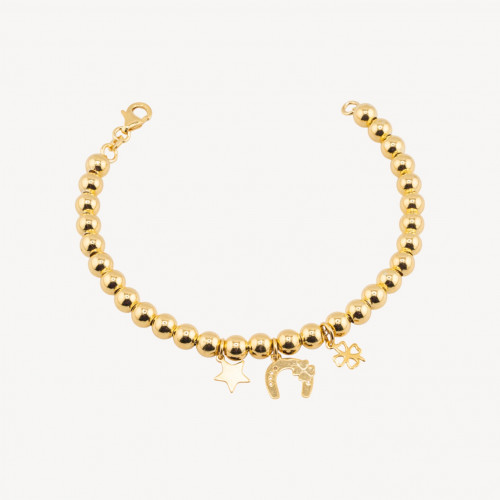 Bracelets en argent 925 avec perles de 6 mm et breloques porte-bonheur, 19 cm, or