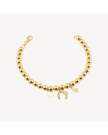 Bracciali In Argento 925 Con Sfere 6mm E Lucky Charms 19cm Dorato-PLATA 925 | Worldofjewel.com