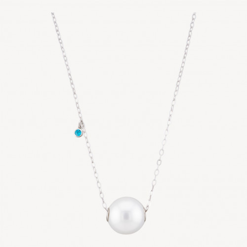 Collar de Plata 925 con Cadena Cable y Colgante de Punto de Luz y Esfera Azul Claro 40+6cm