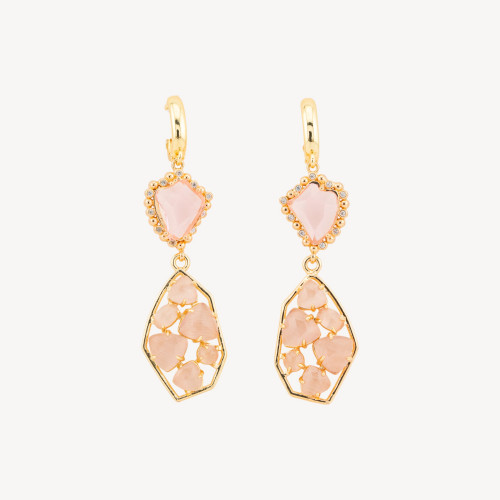 Boucles d'oreilles à fermoir à levier en bronze avec zircon rose et œil-de-chat (17 x 65 mm).