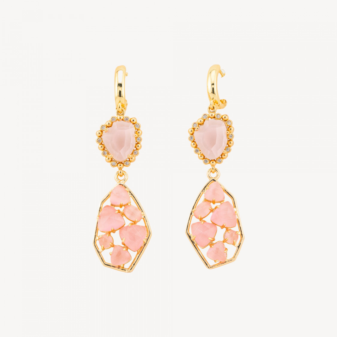 Orecchini A Monachella Chiusa Di Bronzo Con Cristalli CZ E Occhio Di Gatto 17x65mm Rosa-ORECCHINI MADE WITH STYLE | Worldofjewel.com