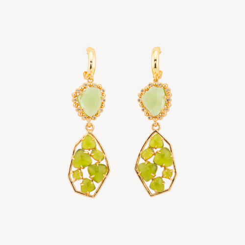 Pendientes de bronce con cierre de palanca, cristales de circonita cúbica y ojo de gato, 17 x 65 mm, verde claro