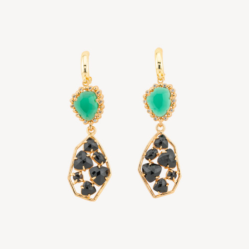 Bronze Closed Leverback Earrings with CZ Crystals and Cat's Eye 17x65mm Green Black
