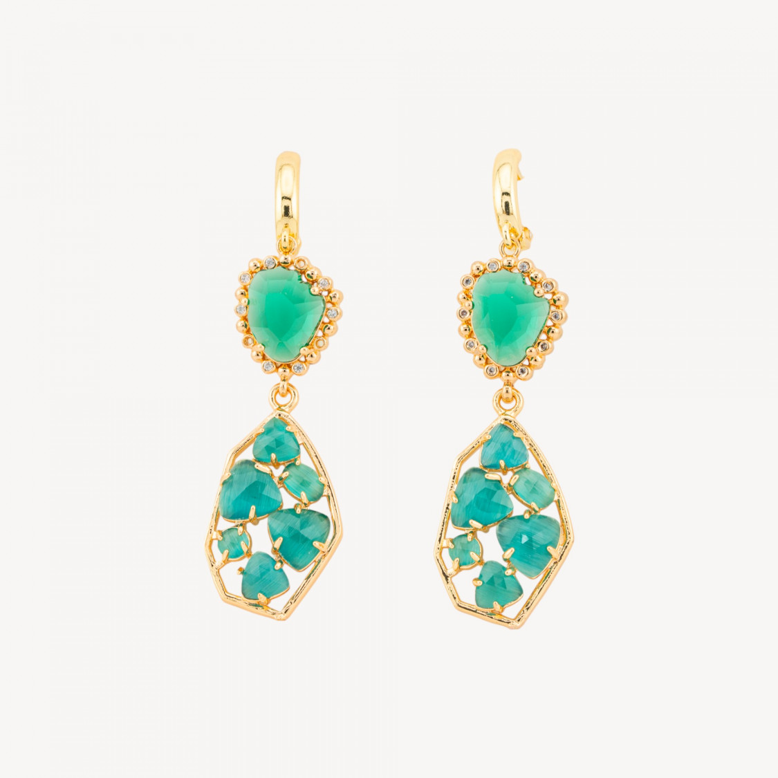 17x65mm Emerald Green Cat's Eye and CZ Crystal Bronze Closed Leverback Earrings-EARRINGS MADE WITH STYLE | Worldofjewel.com