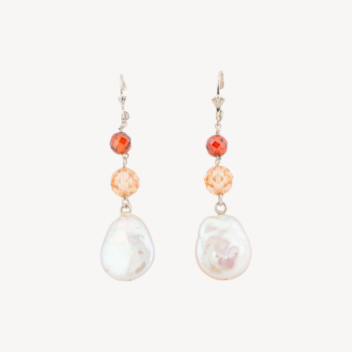 925 Silver Closed Leverback Earrings with Zirconia and 15x60mm Baroque River Pearls