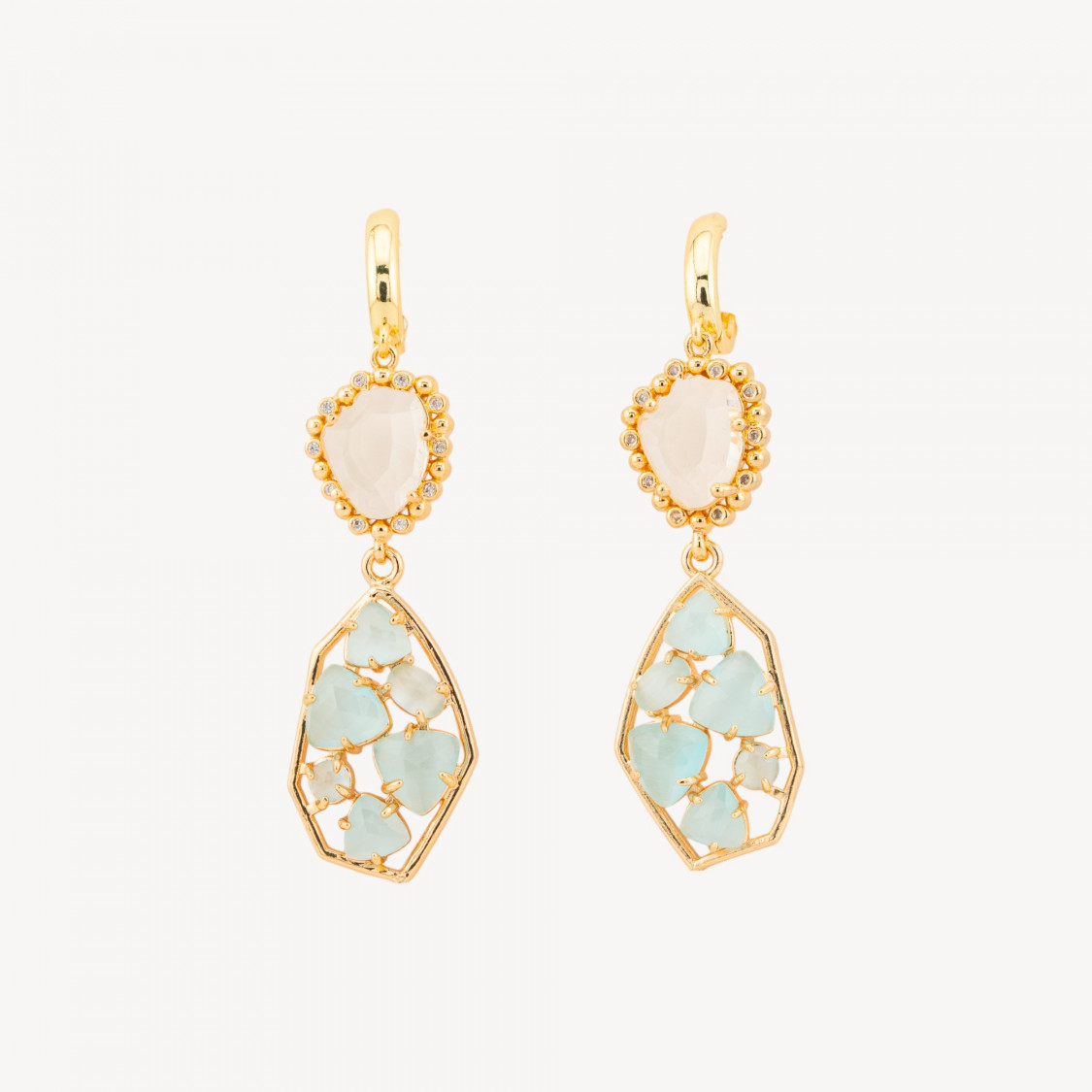 Orecchini A Monachella Chiusa Di Bronzo Con Cristalli CZ E Occhio Di Gatto 17x65mm Acqua-ORECCHINI MADE WITH STYLE | Worldofjewel.com