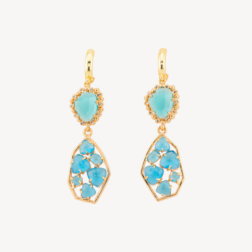 Bronze Closed Leverback Earrings with CZ Crystals and Cat's Eye 17x65mm Light Blue