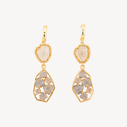 Bronze Closed Leverback Earrings with CZ Crystals and Cat's Eye 17x65mm Gray