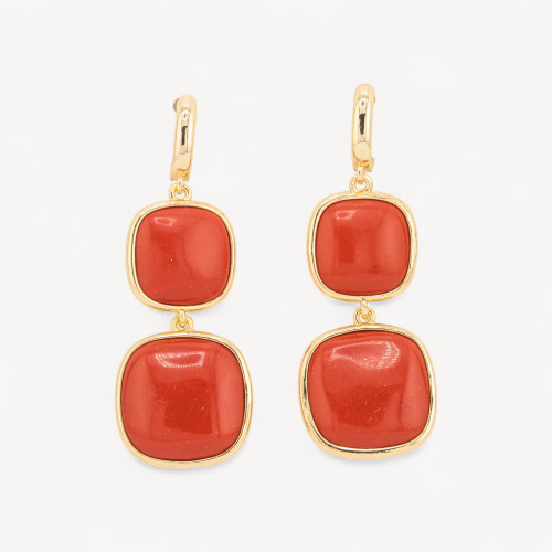 22x60mm Coral Double Square Cat's Eye Bronze Stud Earrings