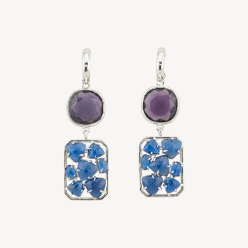 Boucles d'oreilles à fermoir à levier fermé en bronze avec cristaux et œil-de-chat 17 x 60 mm bleu