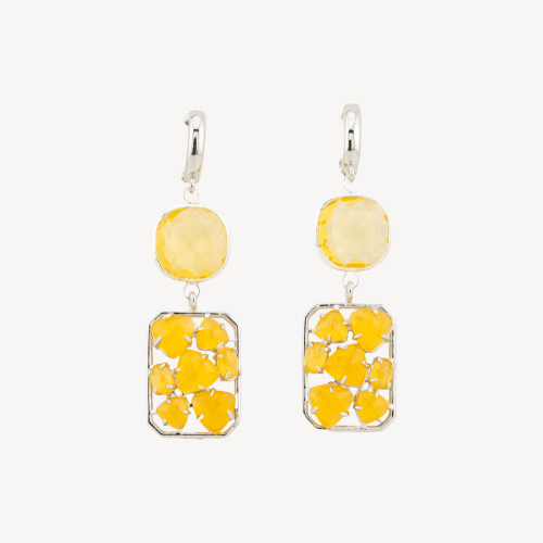 Pendientes de bronce con cierre de palanca, cristales y ojo de gato, 17 x 60 mm, amarillo