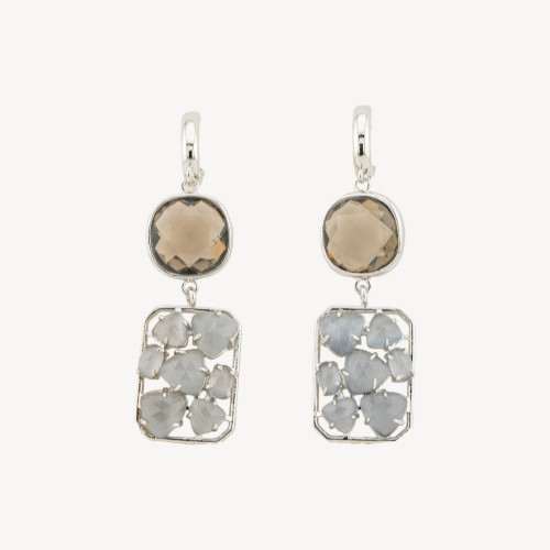 Bronze Closed Leverback Earrings with Crystals and Cat's Eye 17x60mm Gray