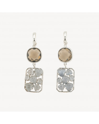 Orecchini A Monachella Chiusa Di Bronzo Con Cristalli E Occhio Di Gatto 17x60mm Grigio-ORECCHINI MADE WITH STYLE | Worldofjewel.com