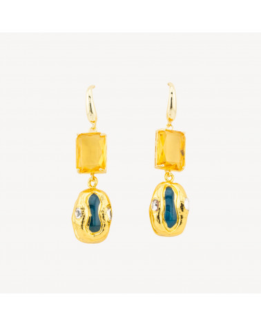 Orecchini A Monachella Di Bronzo Con Cristalli CZ e Perlina Dorata Topazio Giallo e Blu-BRONZO CRYSTAL | Worldofjewel.com