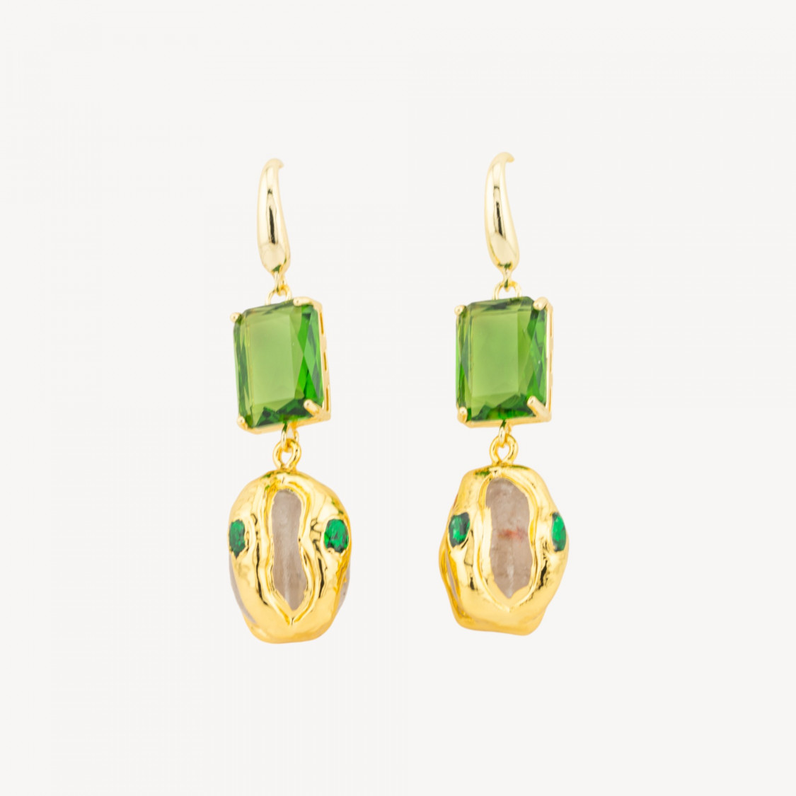 Orecchini A Monachella Di Bronzo Con Cristalli CZ e Perlina Dorata Verde-BRONZO CRYSTAL | Worldofjewel.com