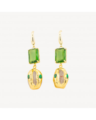 Orecchini A Monachella Di Bronzo Con Cristalli CZ e Perlina Dorata Verde-BRONZO CRYSTAL | Worldofjewel.com