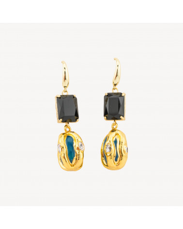 Orecchini A Monachella Di Bronzo Con Cristalli CZ e Perlina Dorata Nero e Blu-BRONZO CRYSTAL | Worldofjewel.com