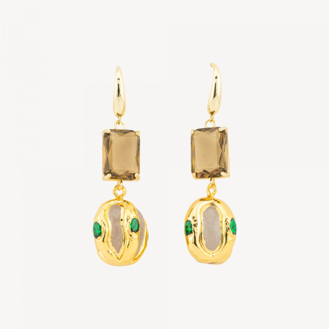Orecchini A Monachella Di Bronzo Con Cristalli CZ e Perlina Dorata Fume e Verde-BRONZO CRYSTAL | Worldofjewel.com