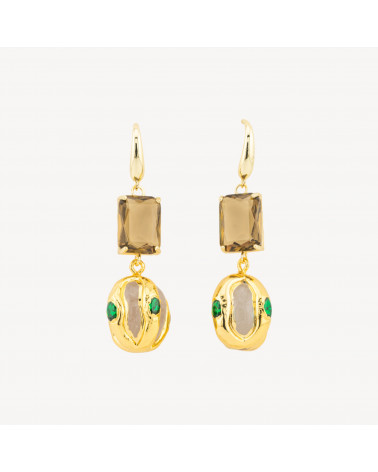 Orecchini A Monachella Di Bronzo Con Cristalli CZ e Perlina Dorata Fume e Verde-BRONZO CRYSTAL | Worldofjewel.com