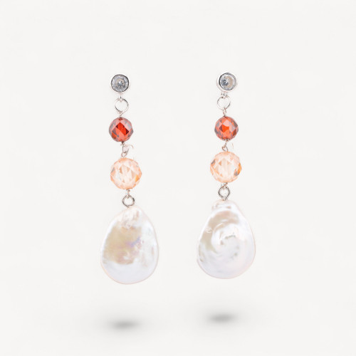 925 Silver Stud Earrings with Zirconia and Baroque River Pearls 15x54mm
