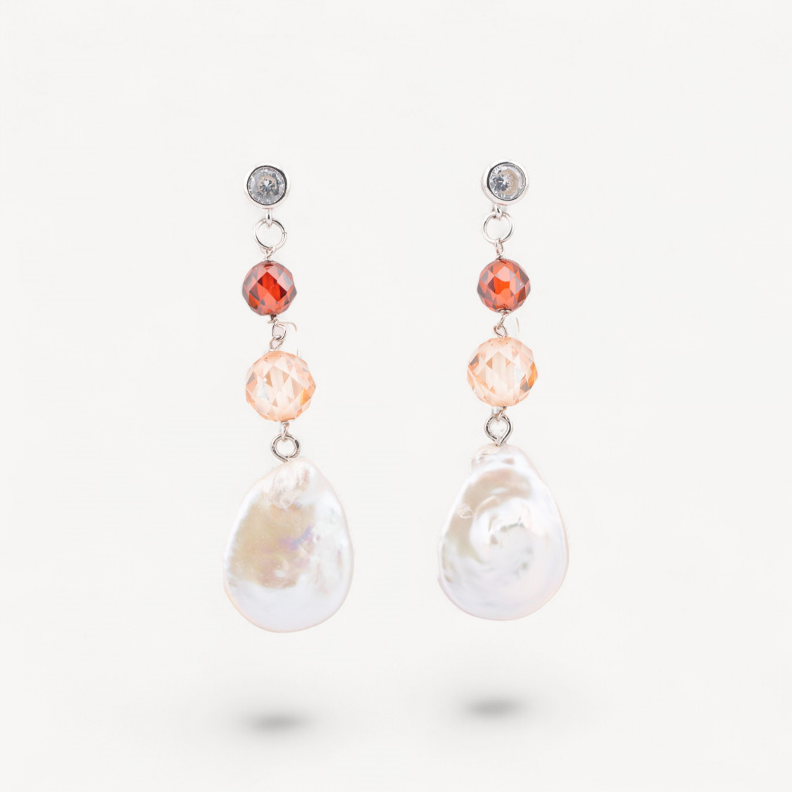 925 Silver Stud Earrings with Zirconia and Baroque River Pearls 15x54mm-SILVER 925 DESIGN ITALY | Worldofjewel.com