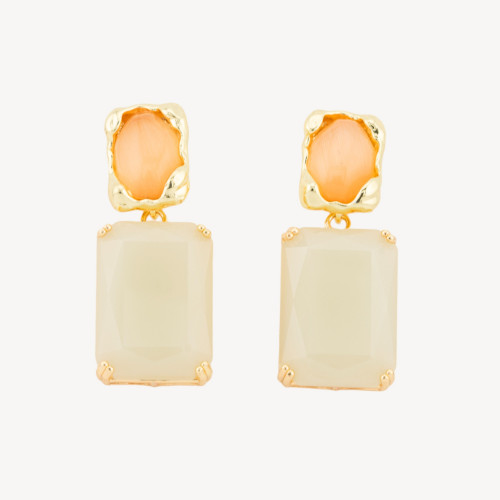 ALYSSA Peach White 18x40mm Gold-Plated CZ Crystal Cat's Eye Bronze Stud Earrings
