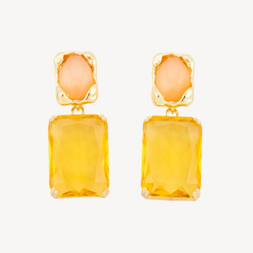 Σκουλαρίκια ALYSSA Peach Yellow 18x40mm με επίχρυσο κρύσταλλο CZ σε σχήμα ματιού γάτας από μπρούντζο