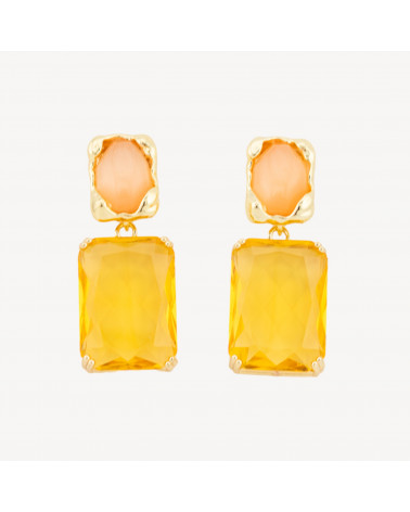 Orecchini A Perno Di Bronzo Con Occhio Di Gatto e Cristalli CZ Incastonate Dorate 18x40mm ALYSSA PEsca Giallo-ORECCHINI MADE WITH STYLE | Worldofjewel.com