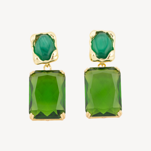 Boucles d'oreilles ALYSSA vertes et vert moyen, 18 x 40 mm, plaquées or, œil de chat et cristal CZ, en bronze.