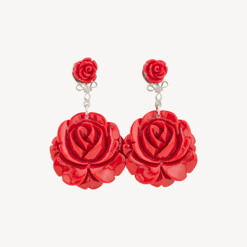 Pendientes de bronce con flor roja de resina