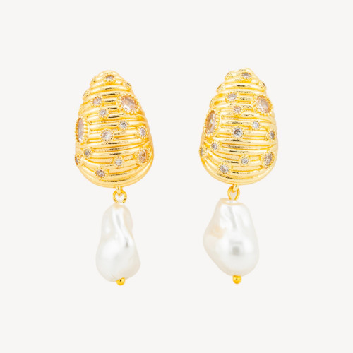 Bronze Shell Stud Earrings with Zirconia and 16x43mm Baroque Mallorca Pearls Drop White