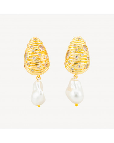 Orecchini A Perno Di Bronzo Conchiglia Con Zirconi E Perle Di Maiorca Barocche A Goccia 16x43mm Bianco-ORECCHINI MADE WITH STYLE | Worldofjewel.com