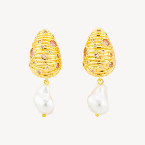 Boucles d'oreilles pendantes en bronze coquillage avec zirconiums et perles baroques de Majorque roses (16 x 43 mm).