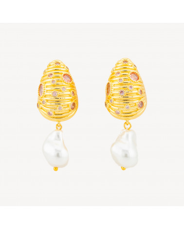 Orecchini A Perno Di Bronzo Conchiglia Con Zirconi E Perle Di Maiorca Barocche A Goccia 16x43mm Rosa-ORECCHINI MADE WITH STYLE | Worldofjewel.com