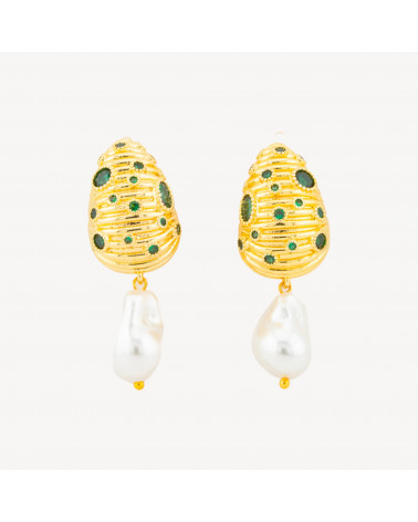 Orecchini A Perno Di Bronzo Conchiglia Con Zirconi E Perle Di Maiorca Barocche A Goccia 16x43mm Verde-ORECCHINI MADE WITH STYLE | Worldofjewel.com