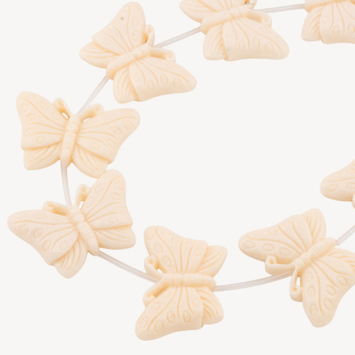 Butterfly Resin Bead Strands 40x27mm 11pcs Engraved Front and Back White