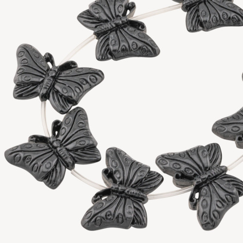 Schmetterlingsperlenstränge aus Kunstharz, 40 x 27 mm, 11 Stück, schwarz, Vorder- und Rückseite graviert