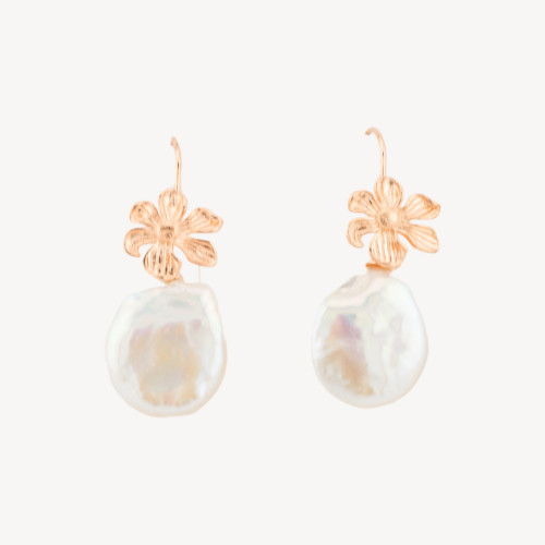 Pendientes de hoja de plata 925 con perlas de río Coin de 15 x 38 mm en oro rosa