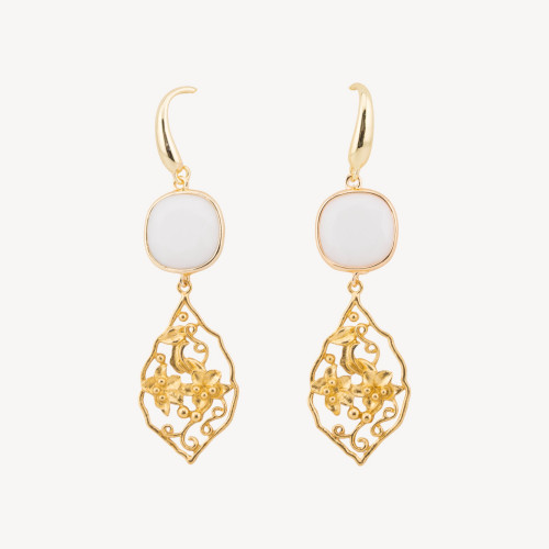 Boucles d'oreilles en bronze avec cabochons œil-de-chat en agate blanche de 20 x 70 mm