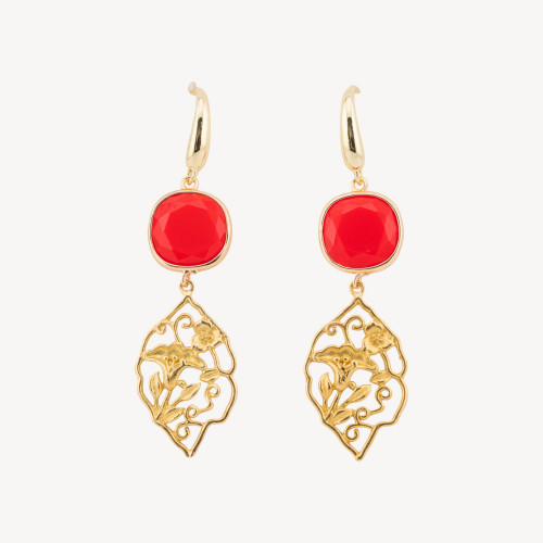 Pendientes de bronce con cabujones de ojo de gato de coral rojo de 20 x 70 mm