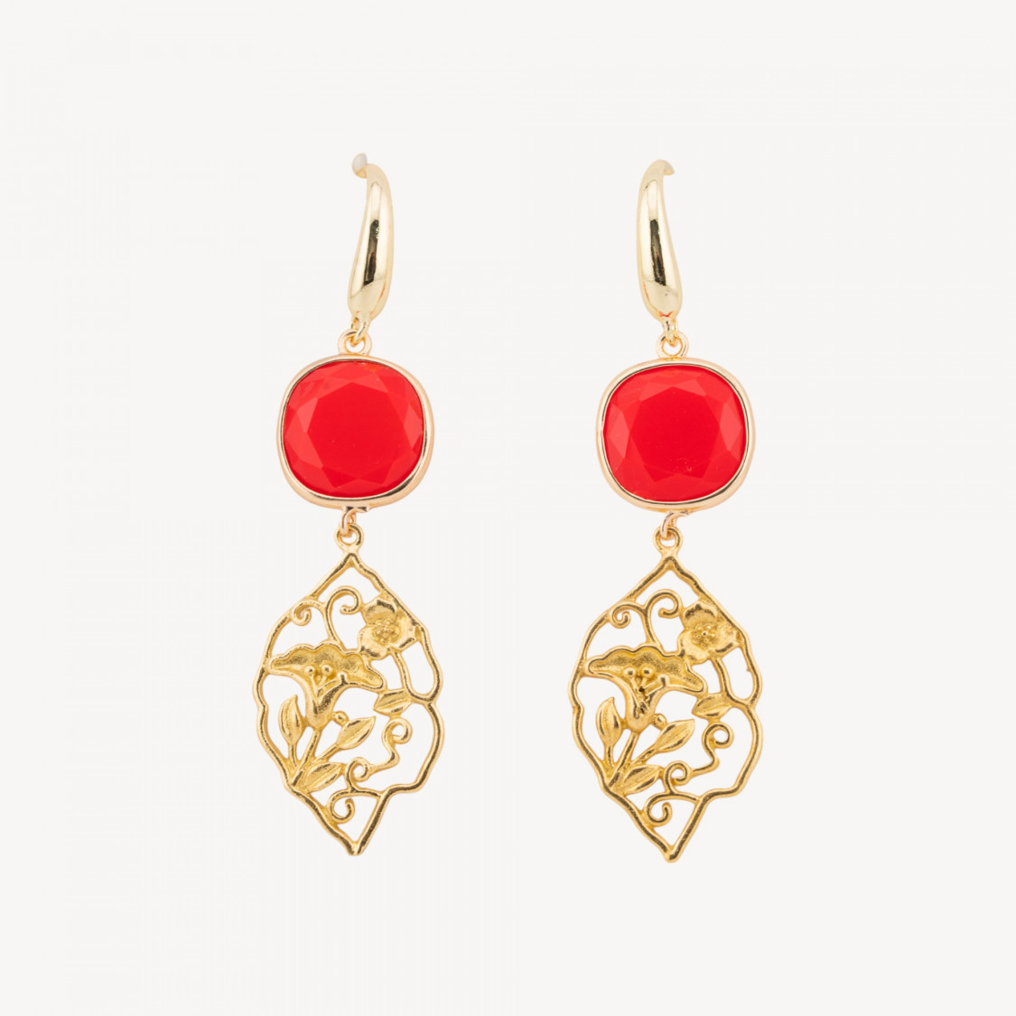 Orecchini In Bronzo Con Cabochon Di Occhi di Gatto 20x70mm Rosso Corallo-ORECCHINI MADE WITH STYLE | Worldofjewel.com