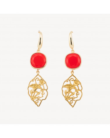 Orecchini In Bronzo Con Cabochon Di Occhi di Gatto 20x70mm Rosso Corallo-ORECCHINI MADE WITH STYLE | Worldofjewel.com
