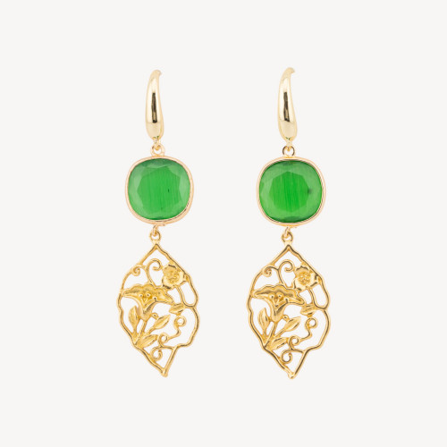 Boucles d'oreilles en bronze avec cabochon œil-de-chat vert 20x70mm