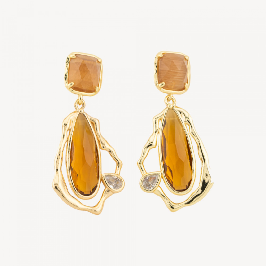 Orecchini Perno Di Bronzo Con Cristalli CZ e Occhio Di Gatto Galvanica Oro Ambra-CRYSTAL BRONZE | Worldofjewel.com