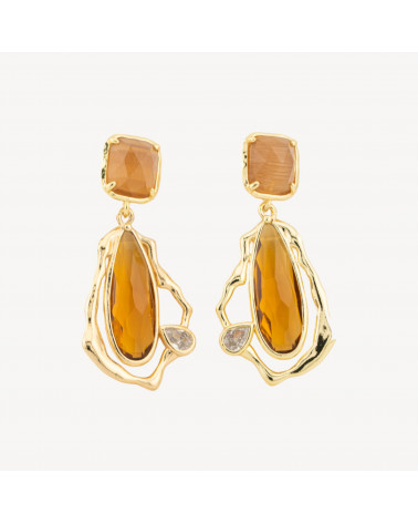Orecchini Perno Di Bronzo Con Cristalli CZ e Occhio Di Gatto Galvanica Oro Ambra-CRYSTAL BRONZE | Worldofjewel.com